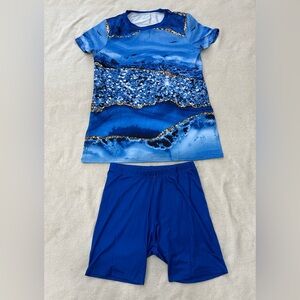 Women’s Summer Beach Pool Set T-Shirt and Biker Shorts Blue Size L